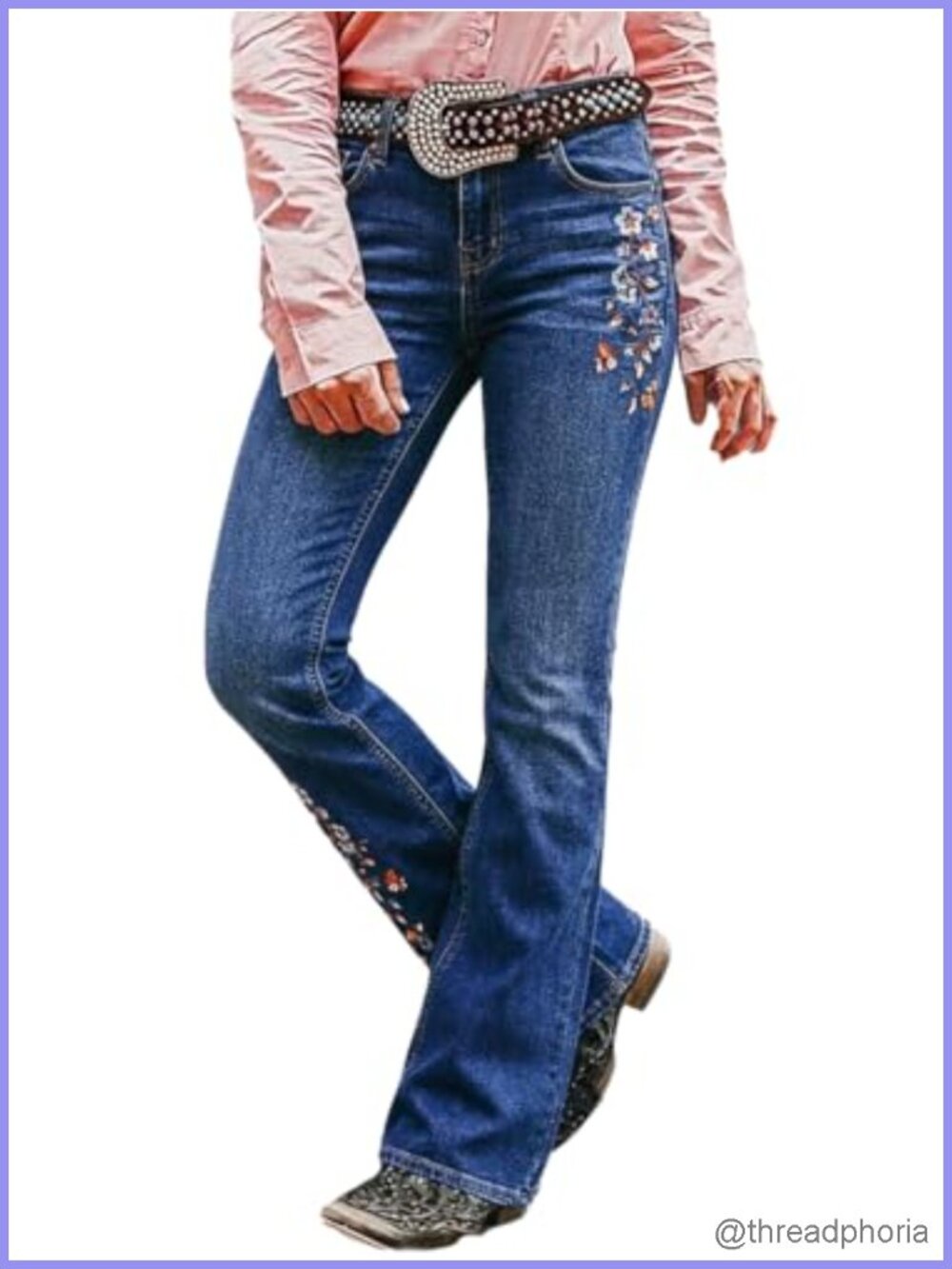 Women's Floral Embroidery Mid Waist High Stretch Bootcut Jeans